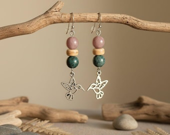 Hummingbird Tourmaline Hook Earrings, Silver
