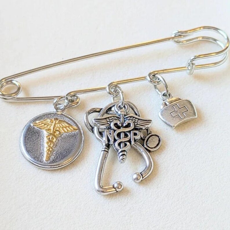 NP - Nurse Practitioner Safety Pin Brooch, Purse Charm - - LadybugfeetDesigns -