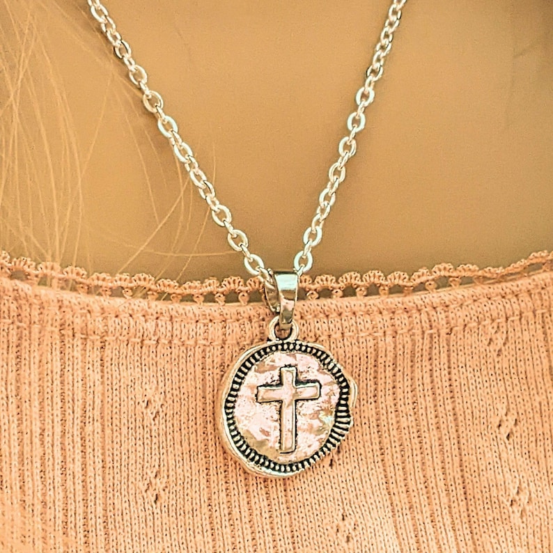 Hammered Cross Coin Necklace- Silver - 20 - 24 inch - - LadybugfeetDesigns -