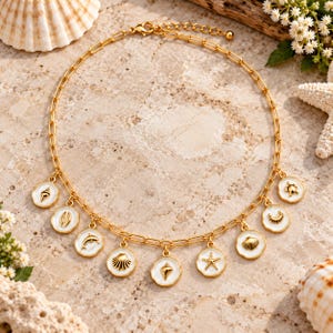 Beach Lover Multi Charm Link Necklace, Gold- 20 inch - - LadybugfeetDesigns -