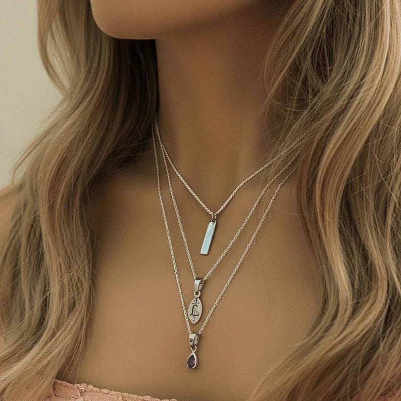 Silver Bar Amethyst Initial Leaf Layered Necklace Set, Silver - - LadybugfeetDesigns -