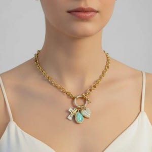 Two Tone Cross, Faux Opal and Heart Shackle Clasp Carabiner Necklace, Gold - 20 inch - - LadybugfeetDesigns -