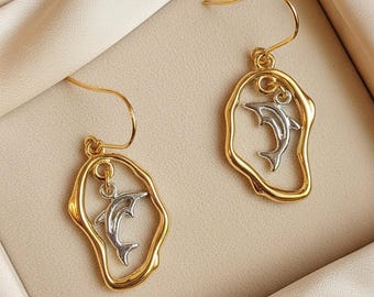 Dolphin dangle earrings, Two-Tone
