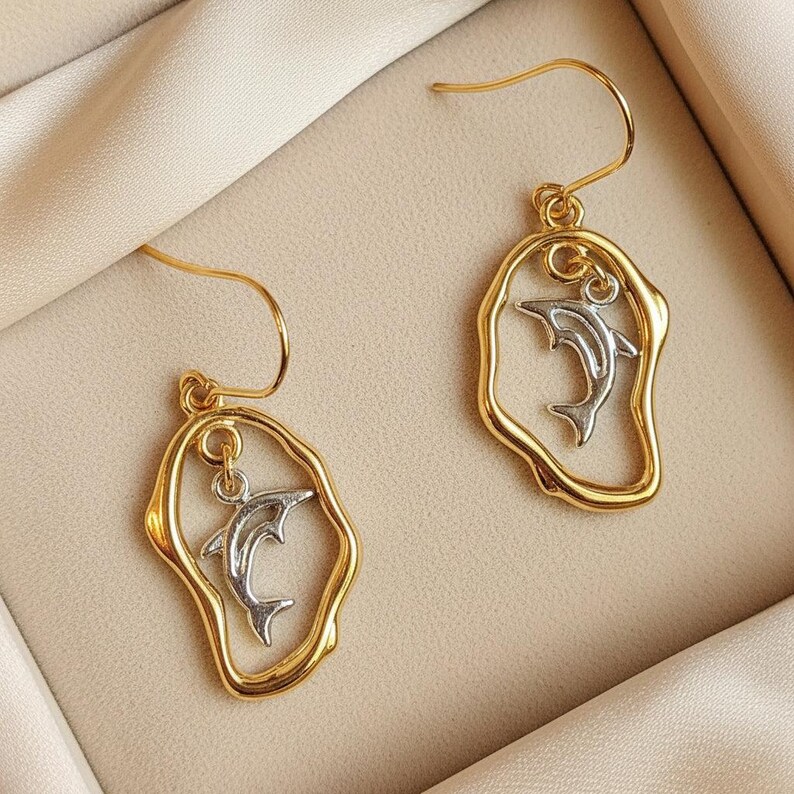 Dolphin dangle earrings, Two-Tone - - LadybugfeetDesigns -
