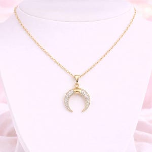 Downward Crescent Moon Necklace, Crescent Horn Necklace, Gold - - LadybugfeetDesigns -