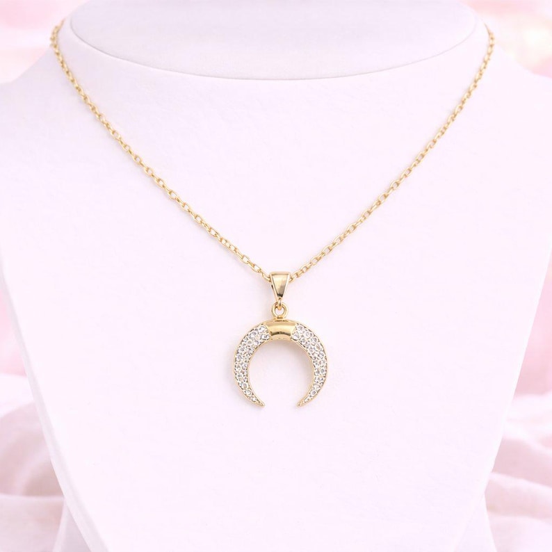 Downward Crescent Moon Necklace, Crescent Horn Necklace, Gold - - LadybugfeetDesigns -
