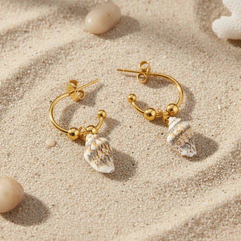 Genuine Conch Shell Hoop Earrings, Gold - 16mm - - LadybugfeetDesigns -
