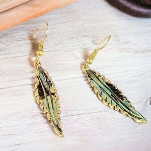 Abalone Feather dangle earrings, Gold - - LadybugfeetDesigns -