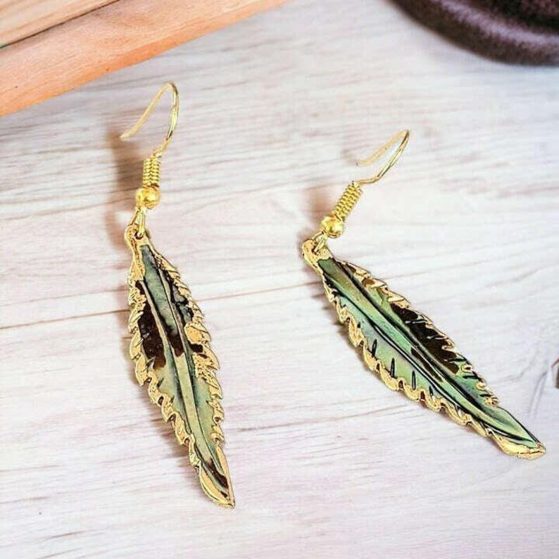 Abalone Feather dangle earrings, Gold - - LadybugfeetDesigns -