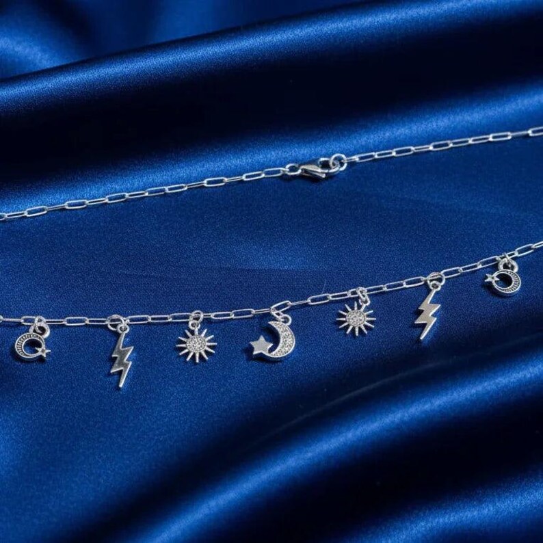 Celestial Multi Charm Link Necklace, .925 Sterling Silver - 20 inch - - LadybugfeetDesigns -