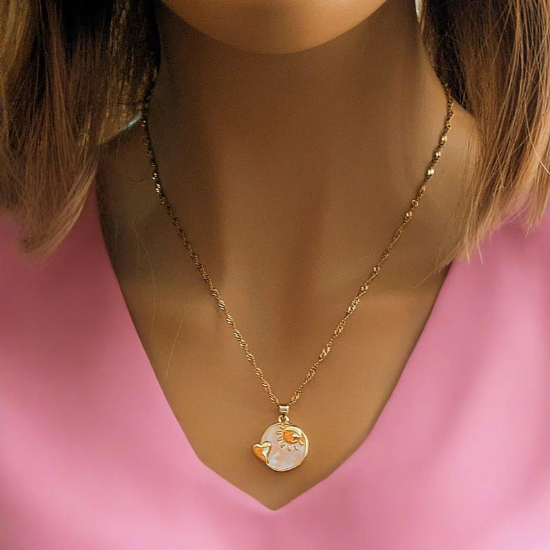 Pearl Shell Heart Sun necklace, Gold- 20 inch - - LadybugfeetDesigns -