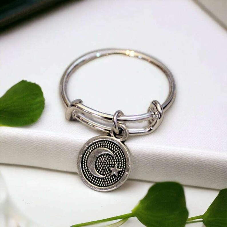 Crescent Moon Star Charm Ring - - LadybugfeetDesigns -