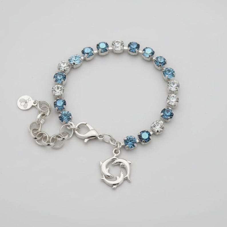 Dolphin Trio Faceted Crystal Bracelet, Silver - - LadybugfeetDesigns -