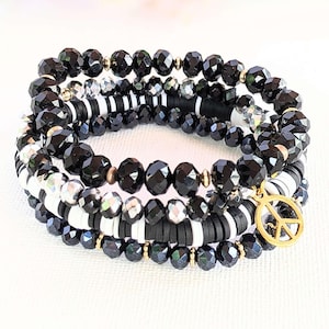 Black Crystal Peace Sign Stretch Bracelet Stack - - LadybugfeetDesigns -