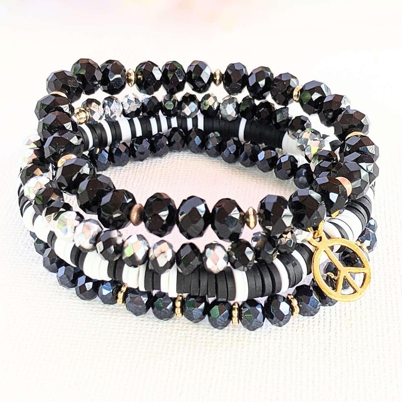 Black Crystal Peace Sign Stretch Bracelet Stack - - LadybugfeetDesigns -