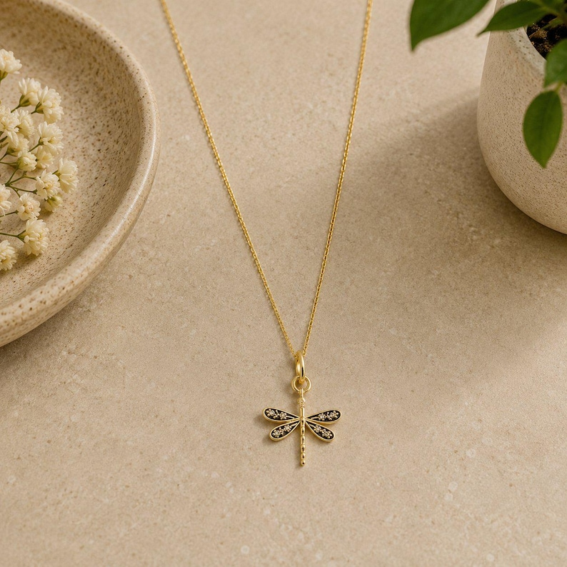 Dragonfly Necklace, Gold - 20 inches - - LadybugfeetDesigns -
