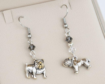 Mismatched English Bulldog crystal hook earrings, Silver