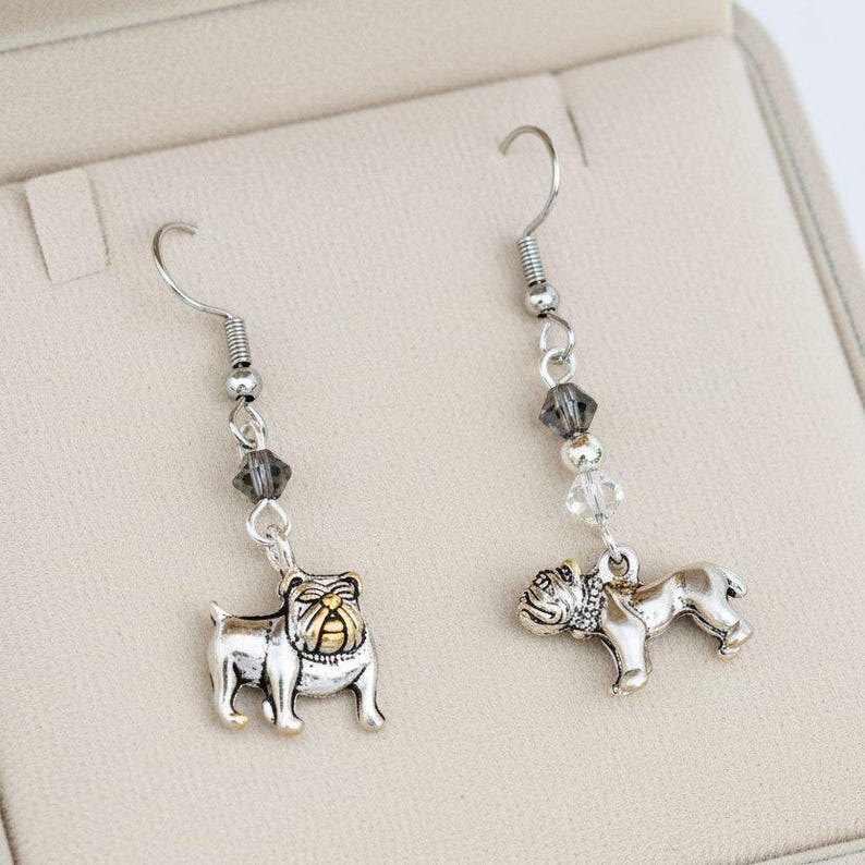 Mismatched English Bulldog crystal hook earrings - - LadybugfeetDesigns -