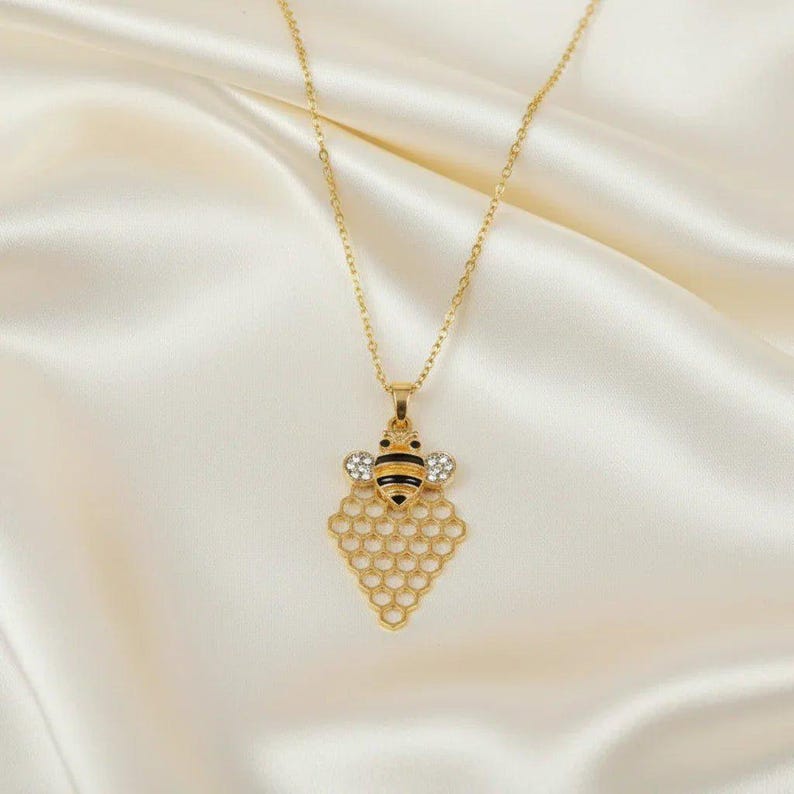 Honey Bee Honeycomb charm necklace and Earring set, Gold - - LadybugfeetDesigns -