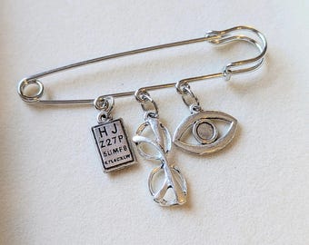 Optometric Asst Safety Pin Brooch, Purse Charm
