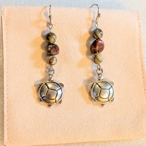 Turtle Red Creek Jasper Hook Earrings, Silver - - LadybugfeetDesigns -