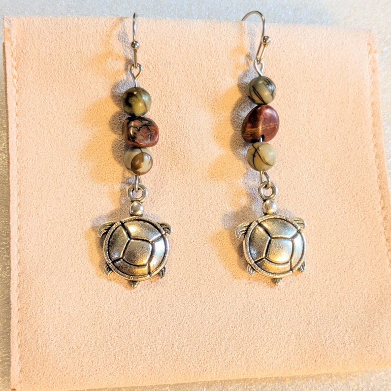 Turtle Red Creek Jasper Hook Earrings, Silver - - LadybugfeetDesigns -