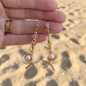 Pearl Clam Shell Starfish Crystal charm necklace and Earring set, Gold - - LadybugfeetDesigns -