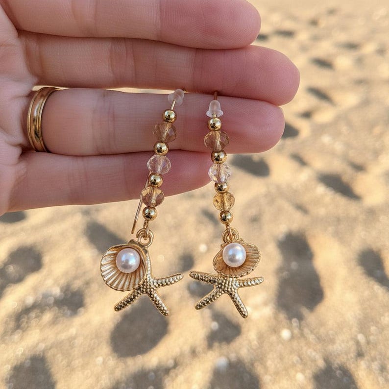 Pearl Clam Shell Starfish Crystal charm necklace and Earring set, Gold - - LadybugfeetDesigns -