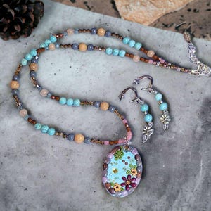 Cobblestone Pond Beaded Necklace / Earring Set, 22 inch - - LadybugfeetDesigns -