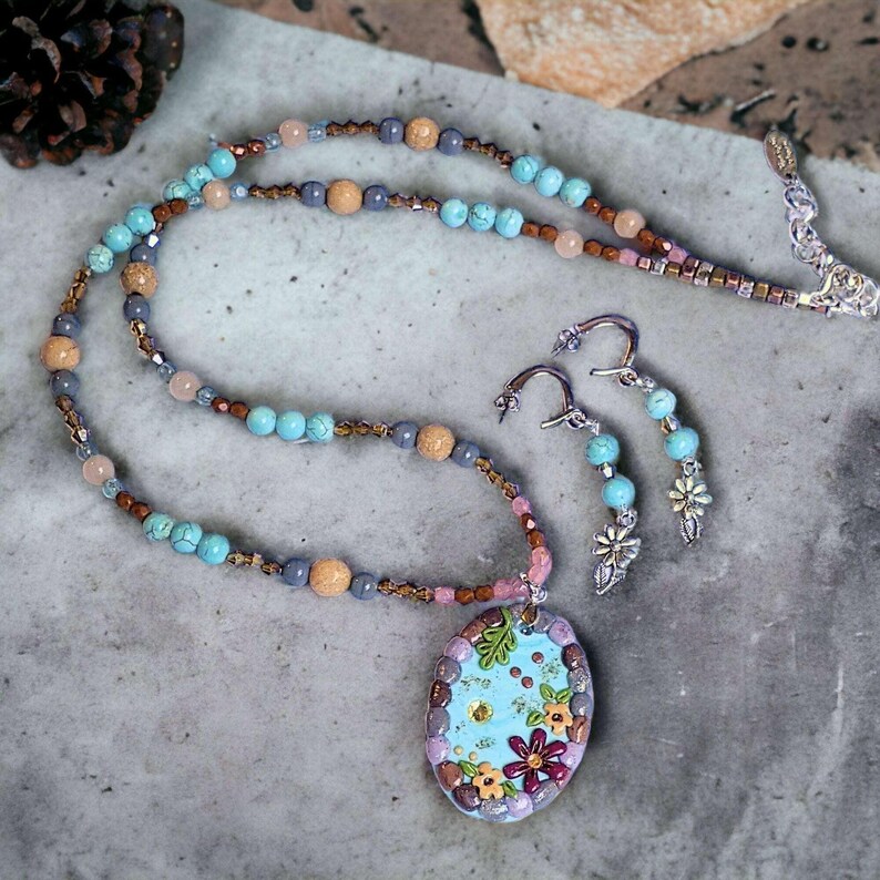Cobblestone Pond Beaded Necklace / Earring Set, 22 inch - - LadybugfeetDesigns -