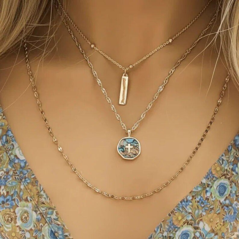 Abalone Cross Bar/Dragonfly Layered Necklace Set, Gold - - LadybugfeetDesigns -