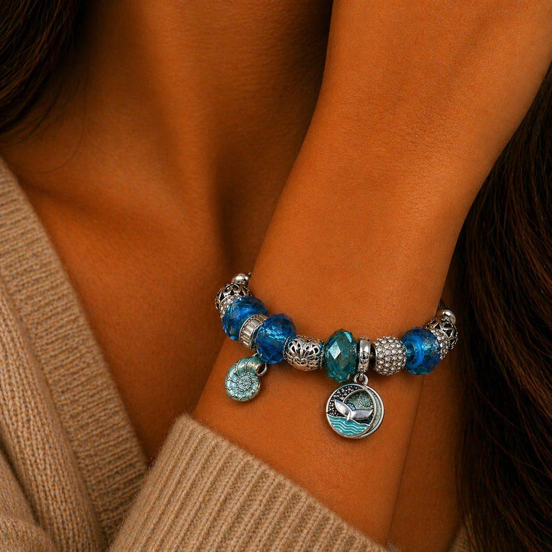 Ocean Lover Euro Cuff Wrap Bracelet, Silver - - LadybugfeetDesigns -