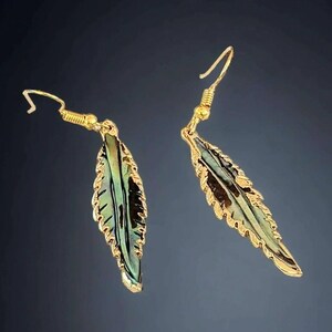 Abalone Feather dangle earrings, Gold - - LadybugfeetDesigns -