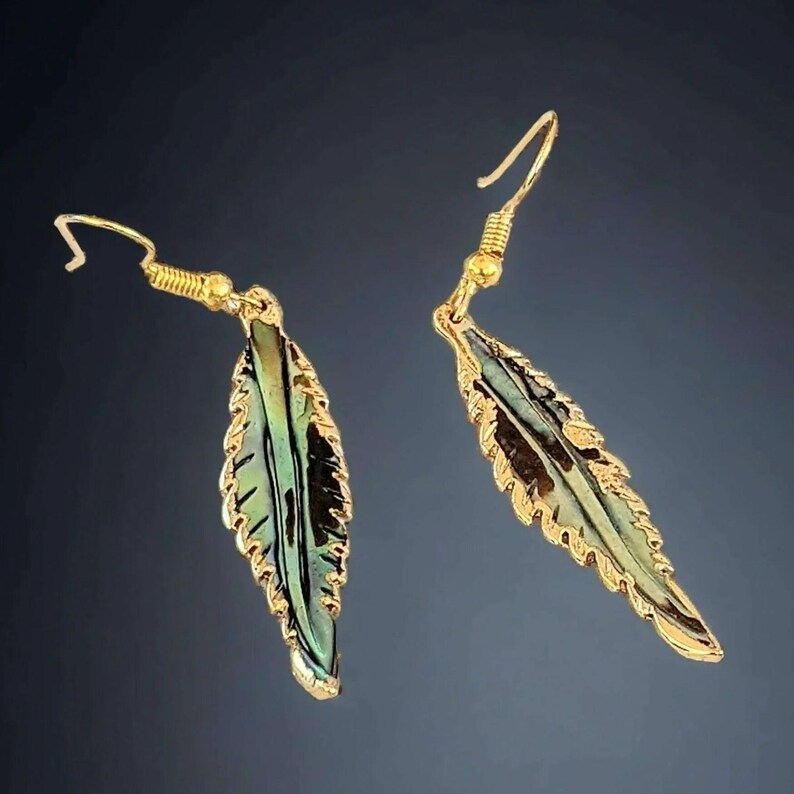 Abalone Feather dangle earrings, Gold - - LadybugfeetDesigns -