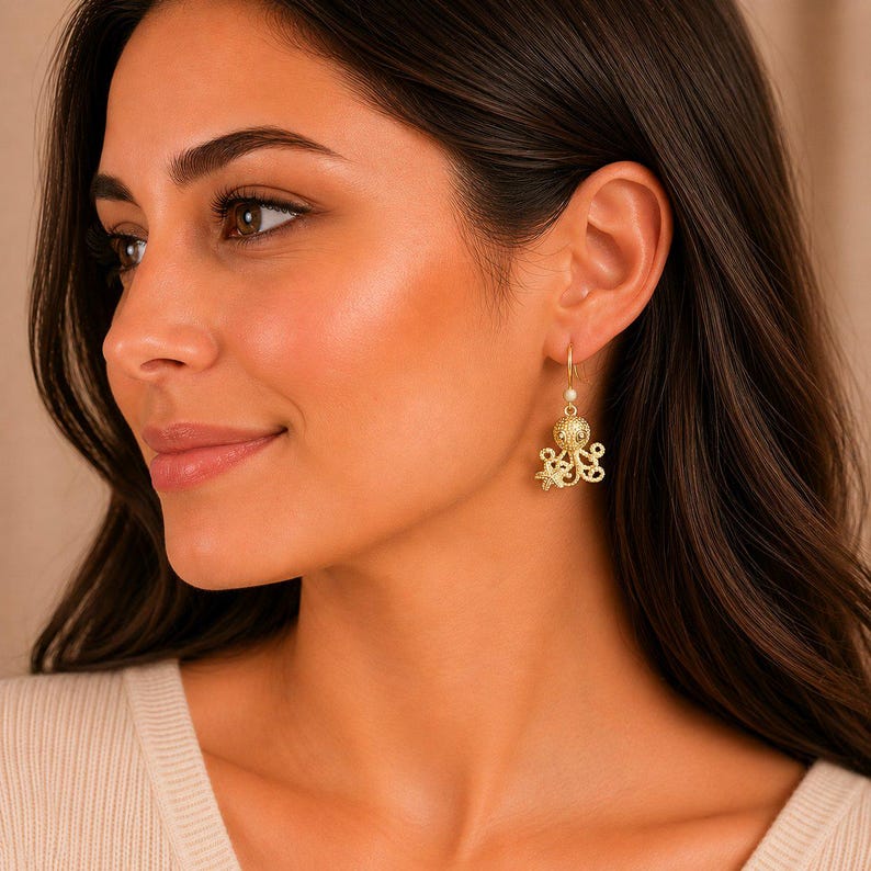 Octopus dangle earrings, Gold - - LadybugfeetDesigns -