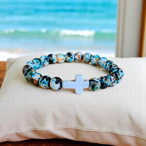 Black Orange Blue Beaded Cross Stretch bracelet - - LadybugfeetDesigns -