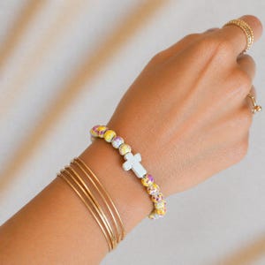 Yellow Fuchsia Beaded Cross Stretch bracelet - - LadybugfeetDesigns -