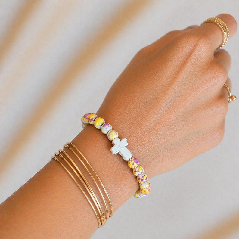 Yellow Fuchsia Beaded Cross Stretch bracelet - - LadybugfeetDesigns -