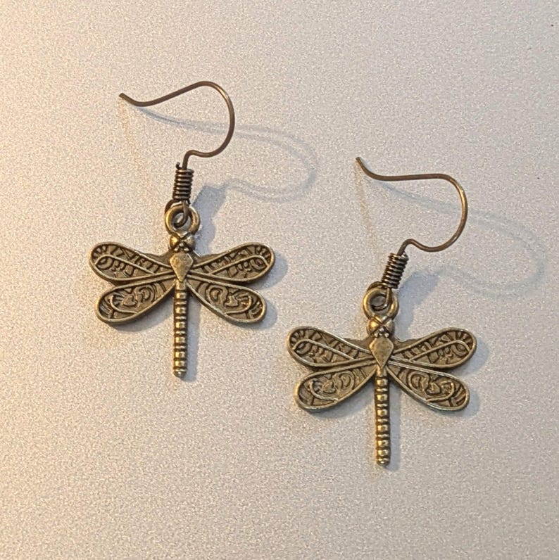 Dragonfly hook earrings, Antique Bronze - - LadybugfeetDesigns -