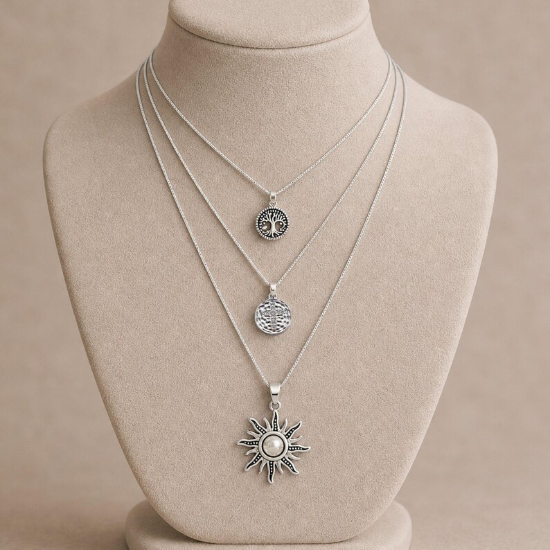 Energy, Power, Positivity Layered Necklace Set, Silver - - LadybugfeetDesigns -