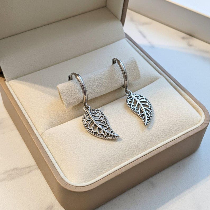Filgree Leaf Hoop earrings, Silver - 10mm - - LadybugfeetDesigns -