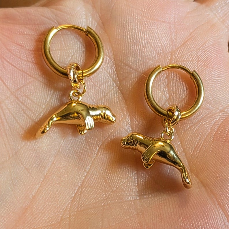 Manatee Earrings, Gold Hoop - 10 mm - - LadybugfeetDesigns -