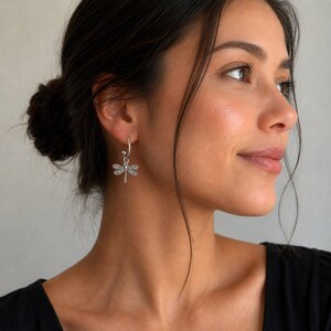 Dragonfly Hoop Earrings, Silver - 16mm - - LadybugfeetDesigns -
