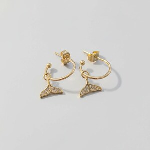 CZ Whale/Dolphin Tail Hoop Earrings, Gold - 16mm - - LadybugfeetDesigns -