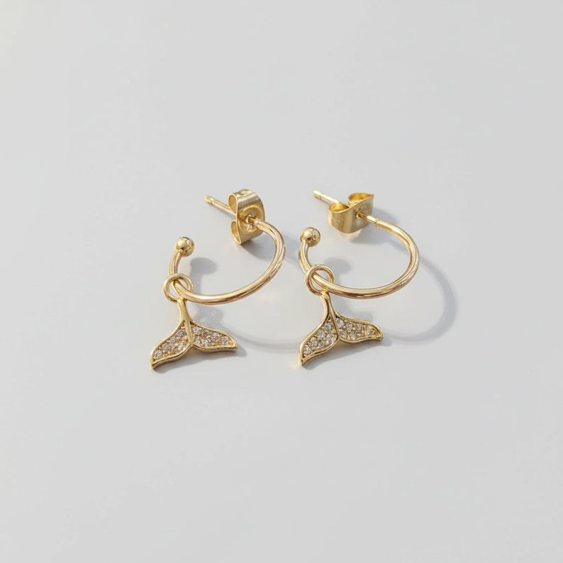 CZ Whale/Dolphin Tail Hoop Earrings, Gold - 16mm - - LadybugfeetDesigns -