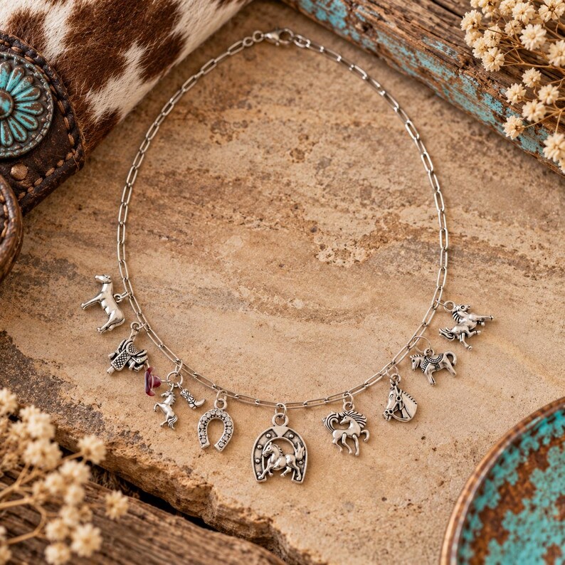 Horse Lover Multi Charm Link Necklace, Silver - 20 inch - - LadybugfeetDesigns -