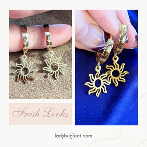 Gold Sun Hoop earrings, 16mm Hoop Drop - - LadybugfeetDesigns -