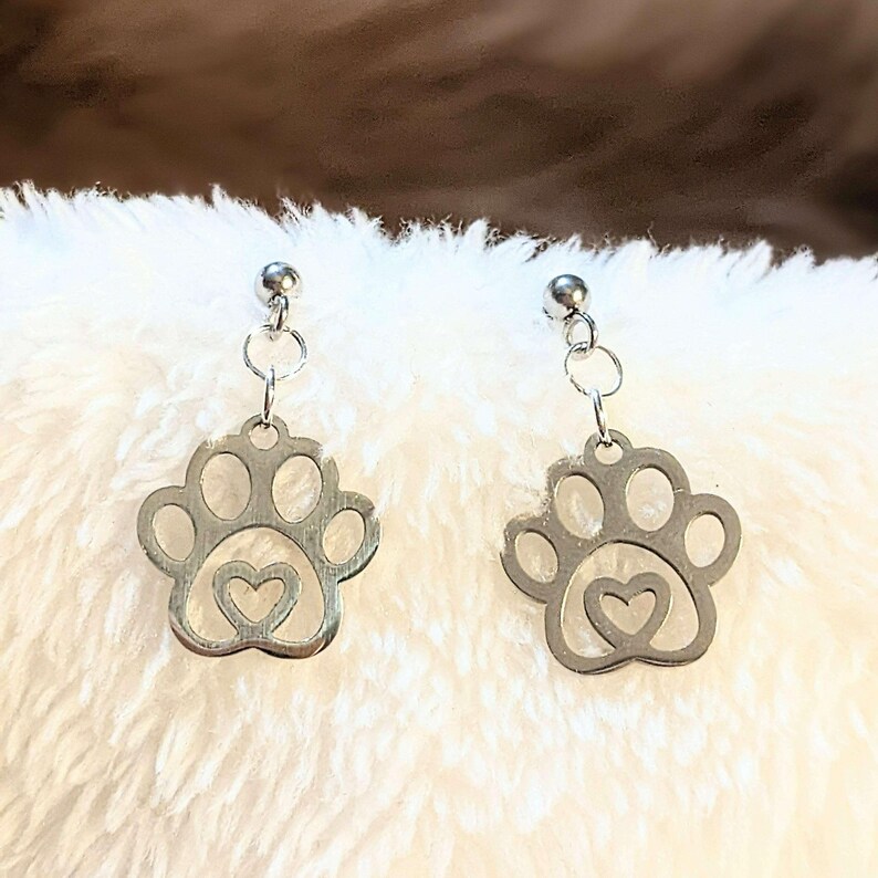 Dog Paw Charm Drop Stud Earrings-Silver - - LadybugfeetDesigns -