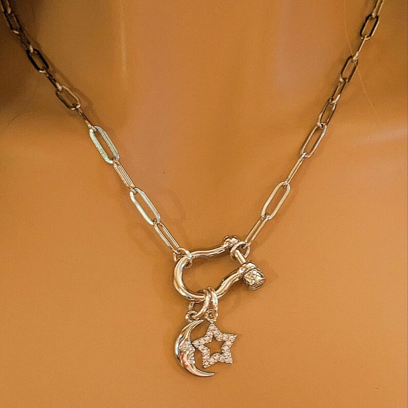 Celestial Moon CZ Star Shackle Clasp Carabiner Necklace, Silver - 20 inch - - LadybugfeetDesigns -