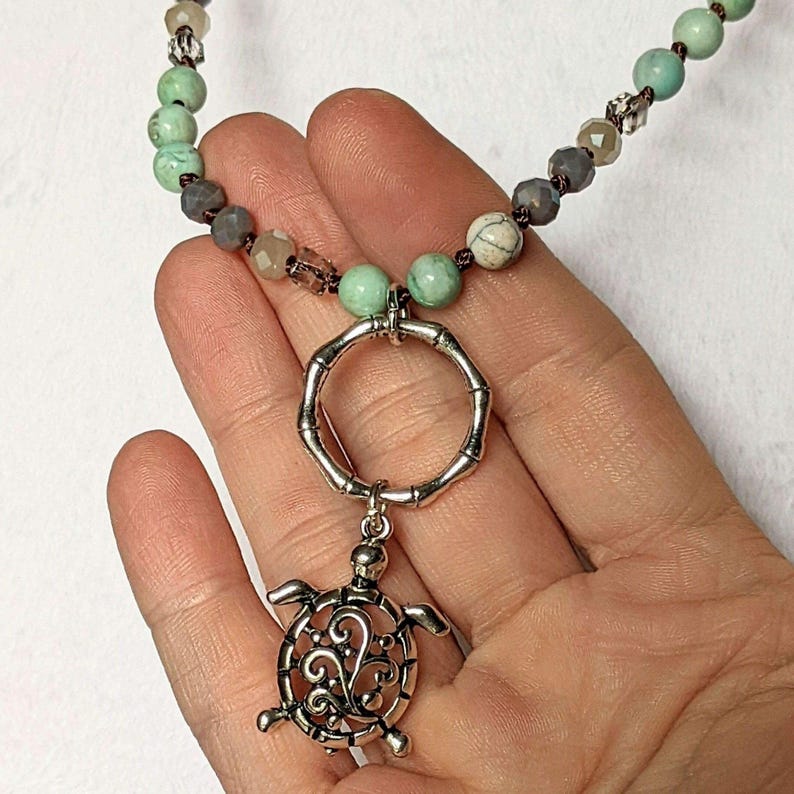 Sea Turtle Semi-Precious Gemstone Necklace - 36 inch - - LadybugfeetDesigns -